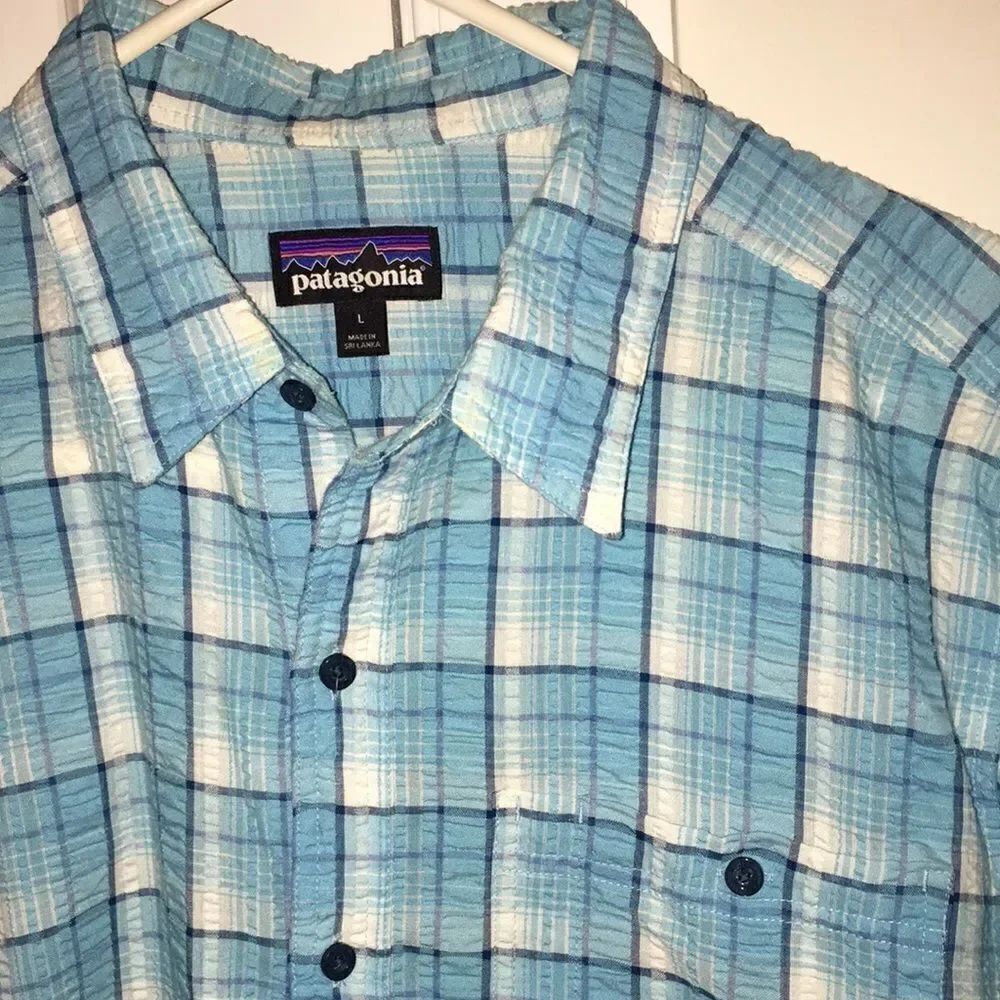 Patagonia poly Organic cotton blend Crepe Cotton SS Trail Shirt-L Blue White